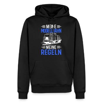 Meine Modellbahn Meine Regeln Modelleisenbahn Mode - Männer Premium Bio Hoodie - Schwarz - Vorne - Nico (187cm)