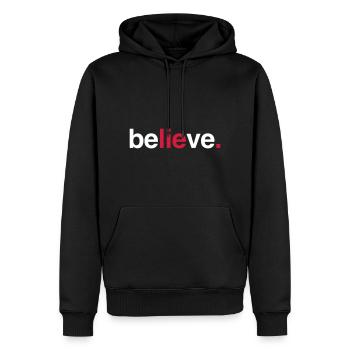 Believe. - Men’s Premium Organic Hoodie - black - Front - Nico (187cm)