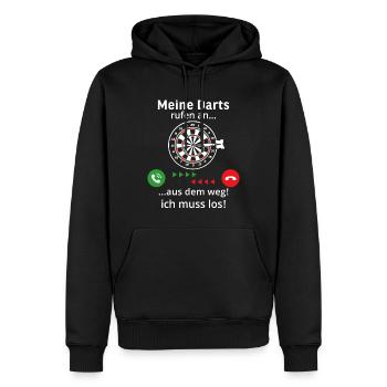 Meine Darts rufen an aus dem Weg ich muss los - Männer Premium Bio Hoodie - Schwarz - Vorne - Nico (187cm)