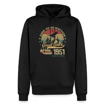 73 years old Aged to Perfection born in April 1951 - Men’s Premium Organic Hoodie - black - Front - Nico (187cm)