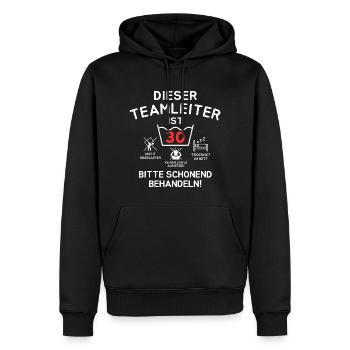 This team leader is 30 years old. - Men’s Premium Organic Hoodie - black - Front - Nico (187cm)