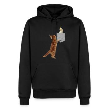 Chat atteignant l'oiseau cockatiel en faux imprimé - Sweat à capuche Premium bio Homme - noir - Devant - Nico (187cm)