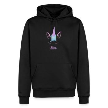 Licorne Dixième anniversaire - 10 ans d'anniversaire - Sweat à capuche Premium bio Homme - noir - Devant - Nico (187cm)