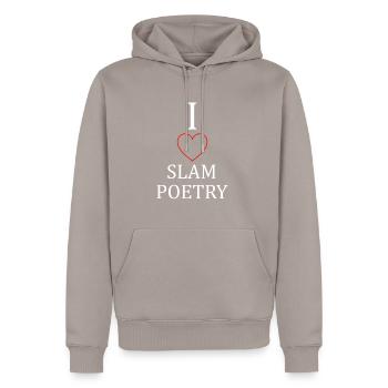 J’aime la poésie Slam - Sweat à capuche Premium bio Homme - taupe - Devant - Nico (187cm)