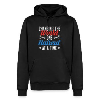 Changer le monde une coupe de cheveux à la fois - Sweat à capuche Premium bio Homme - noir - Devant - Nico (187cm)