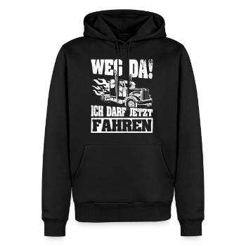 LKW Führerschein Weg Da! Ich darf jetzt Fahren LKW - Männer Premium Bio Hoodie - Schwarz - Vorne - Nico (187cm)