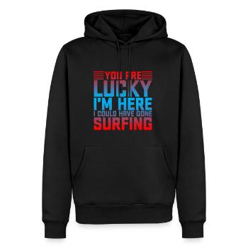 Vous avez de la chance que je sois ici, j’aurais pu surfer2 - Sweat à capuche Premium bio Homme - noir - Devant - Nico (187cm)
