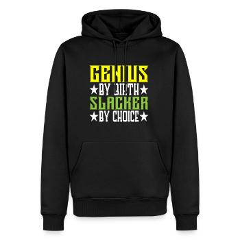 Genius By Birth Slacker By Choice 5 - Men’s Premium Organic Hoodie - black - Front - Nico (187cm)