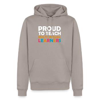 Fier d’enseigner aux apprenants multilingues - Sweat à capuche Premium bio Homme - taupe - Devant - Nico (187cm)