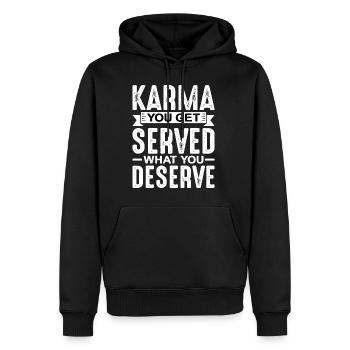 Karma, You Get Served What You Deserve - Männer Premium Bio Hoodie - Schwarz - Vorne - Nico (187cm)