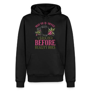May Your Coffee Kick In Before Reality Does 33 - Men’s Premium Organic Hoodie - black - Front - Nico (187cm)