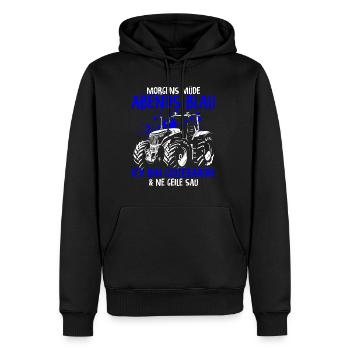 Morgens müde Abends Blau, Güllebaron und ne geile - Männer Premium Bio Hoodie - Schwarz - Vorne - Nico (187cm)