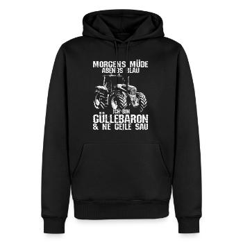 Morgens müde Abends Blau, Güllebaron und ne geile - Männer Premium Bio Hoodie - Schwarz - Vorne - Nico (187cm)
