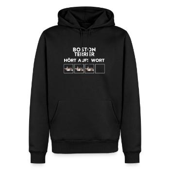 Boston Terier listens to the word dog breed - Men’s Premium Organic Hoodie - black - Front - Nico (187cm)