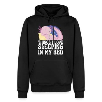 Les choses que j’aime, dormir dans mon lit 11 - Sweat à capuche Premium bio Homme - noir - Devant - Nico (187cm)