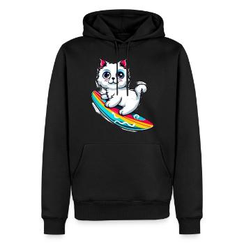 Weiße Katze auf buntem Surfboard - Männer Premium Bio Hoodie - Schwarz - Vorne - Nico (187cm)