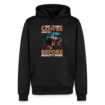 May Your Coffee Kick In Before Reality Does 57 - Men’s Premium Organic Hoodie - black - Front - Nico (187cm)