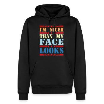 Je suis plus beau que mon visage n’en a l’air 2 - Sweat à capuche Premium bio Homme - noir - Devant - Nico (187cm)