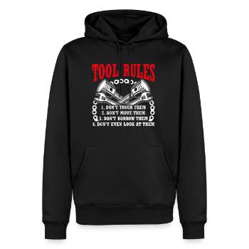 Règles de l’outil : Ne pas toucher, Déplacer, Emprunter - Sweat à capuche Premium bio Homme - noir - Devant - Nico (187cm)
