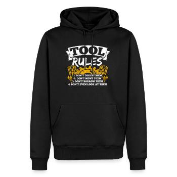 Règles de l’outil : Ne pas toucher, Déplacer, Emprunter - Sweat à capuche Premium bio Homme - noir - Devant - Nico (187cm)