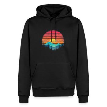 Coucher de soleil forêt montagne Extérieur Rétro des années 80 Vintage 2 - Sweat à capuche Premium bio Homme - noir - Devant - Nico (187cm)