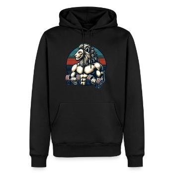 Muscular Lion Bodybuilder Gym Workout Retro Sunset - Männer Premium Bio Hoodie - Schwarz - Vorne - Nico (187cm)