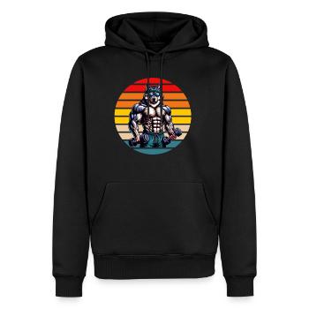 Muscular Wolf Bodybuilder Gym Workout Retro Sunset - Männer Premium Bio Hoodie - Schwarz - Vorne - Nico (187cm)