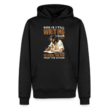 God Is Still Writing Your Story 34 - Men’s Premium Organic Hoodie - black - Front - Nico (187cm)