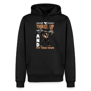 Je ramasse des choses et les pose 41 - Sweat à capuche Premium bio Homme - noir - Devant - Nico (187cm)