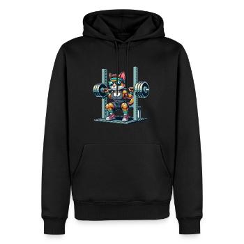 Chat de dessin animé cool accroupi dans le gymnase - Sweat à capuche Premium bio Homme - noir - Devant - Nico (187cm)