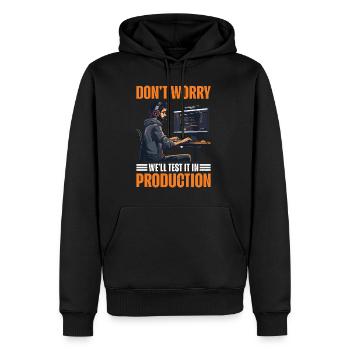 Don't Worry, We'll Test It In Production 8 - Men’s Premium Organic Hoodie - black - Front - Nico (187cm)