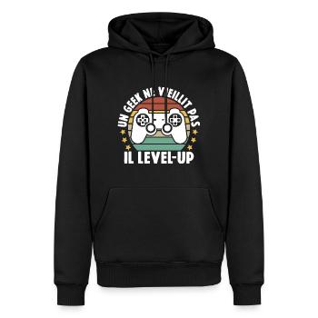 Un Geek Ne Vieillit Pas Il Level UP - Sweat à capuche Premium bio Homme - noir - Devant - Nico (187cm)