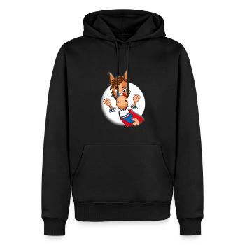 PFERD - SUPERHELD - MONDSCHEIN - HELD - PONY - Männer Premium Bio Hoodie - Schwarz - Vorne - Nico (187cm)
