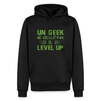 Un Geek Ne Vieillit Pas Il Level Up - Sweat à capuche Premium bio Homme - noir - Devant - Nico (187cm)
