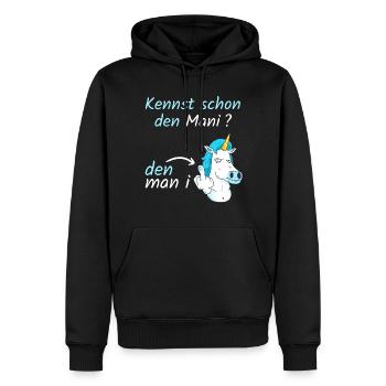 Einhorn zeigt Mittelfinger/ Kennst schon in Mani? - Männer Premium Bio Hoodie - Schwarz - Vorne - Nico (187cm)