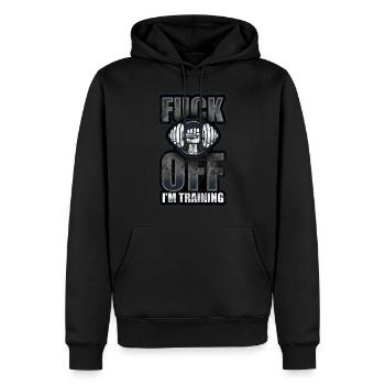 Fuck off i´m training fokus keine ausreden - Männer Premium Bio Hoodie - Schwarz - Vorne - Nico (187cm)