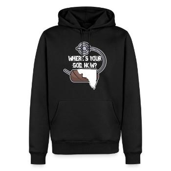 Wo ist dein Gott? - Männer Premium Bio Hoodie - Schwarz - Vorne - Nico (187cm)