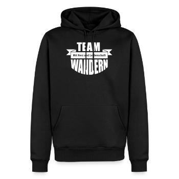 TEAM WANDERN – Natur Berge Urlaub hiking - Männer Premium Bio Hoodie - Schwarz - Vorne - Nico (187cm)