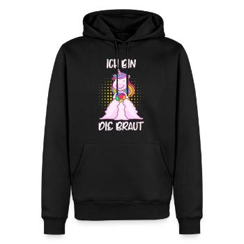 JGA Spruch ich bin die Braut Einhorn Polterabend - Männer Premium Bio Hoodie - Schwarz - Vorne - Nico (187cm)