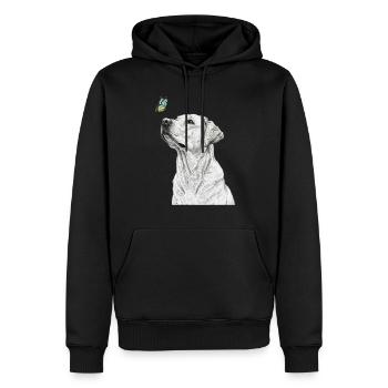 Labrador mit Schmetterling banksy style - Männer Premium Bio Hoodie - Schwarz - Vorne - Nico (187cm)