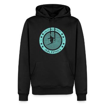 Okay but first Skiing - Männer Premium Bio Hoodie - Schwarz - Vorne - Nico (187cm)