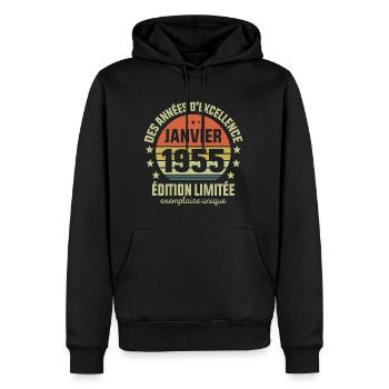 Anniversaire Millésime Fabriqué en Janvier 1955 - Sweat à capuche Premium bio Homme - noir - Devant - Nico (187cm)