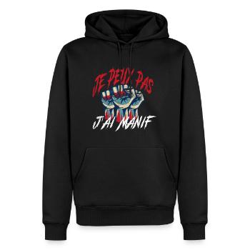 j'peux pas j'ai manif cadeau anniversaire humour - Sweat à capuche Premium bio Homme - noir - Devant - Nico (187cm)