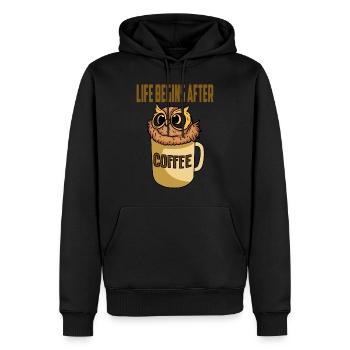 Life Begins After Coffee Lustiger Eule Spruch Owl - Männer Premium Bio Hoodie - Schwarz - Vorne - Nico (187cm)
