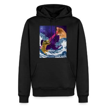 Japan Comic Great Wave Cat Vs Dinoaur T-Rex Otaku - Männer Premium Bio Hoodie - Schwarz - Vorne - Nico (187cm)
