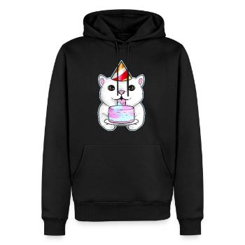 White Cat With Party Hat Licks A Birthday Cake On - Men’s Premium Organic Hoodie - black - Front - Nico (187cm)