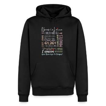 Anniversaire Mariage Cadeau Mariage Cuivre 7 Ans - Sweat à capuche Premium bio Homme - noir - Devant - Nico (187cm)