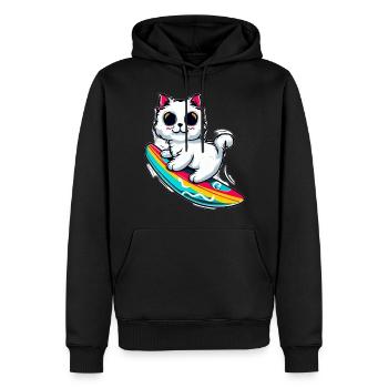 Weiße Katze auf buntem Surfboard - Männer Premium Bio Hoodie - Schwarz - Vorne - Nico (187cm)