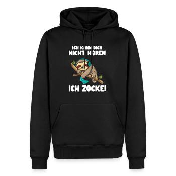 Je ne t’entends pas, je joue - Sweat à capuche Premium bio Homme - noir - Devant - Nico (187cm)