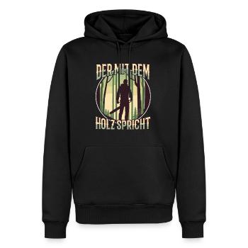 Der mit dem Holz spricht - Männer Premium Bio Hoodie - Schwarz - Vorne - Nico (187cm)